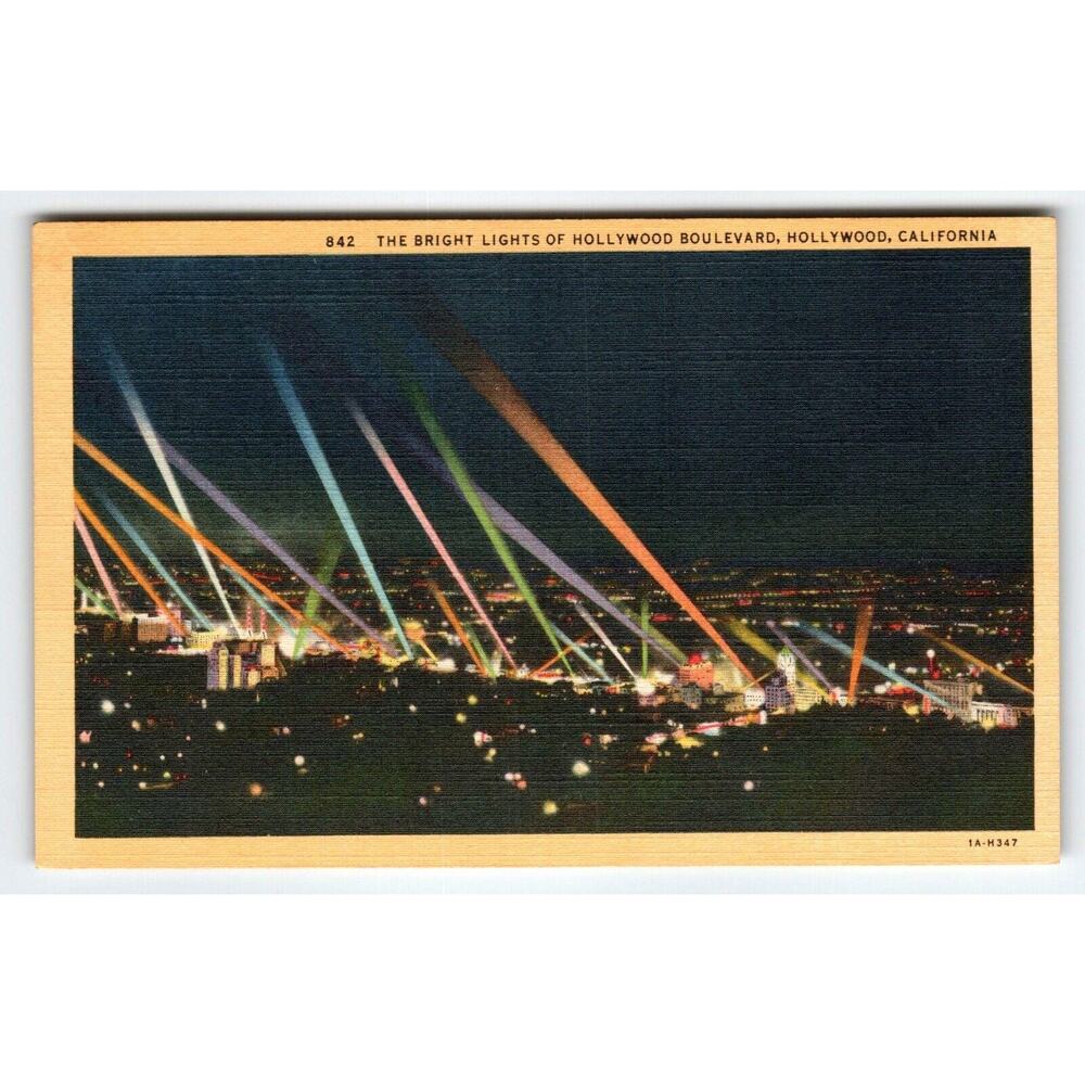 The Bright Lights Of Hollywood Boulevard California Postcard Linen Night Time
